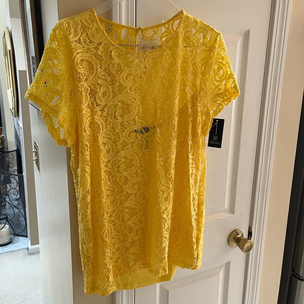 Yellow sequined Lace Women's Top with liner INC brand new with tags never worn